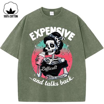 Expensive Talks Back Iced Drink Skulls Print Women Washed Holes T-Shirt Summer T Shirt Casual Clothes Y2K Cotton Tops