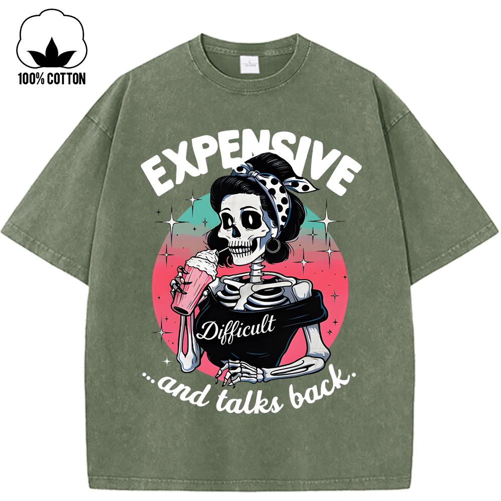 

Expensive Talks Back Iced Drink Skulls Print Women Washed Holes T-Shirt Summer T Shirt Casual Clothes Y2K Cotton Tops S