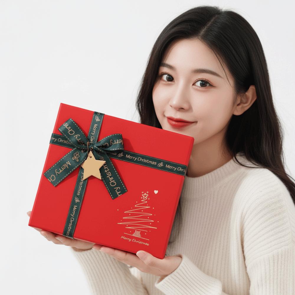 Premium Quality Christmas Gift Box Eco Friendly Thick Cardboard Red Present Packaging Gold Embossed Star Tag Included