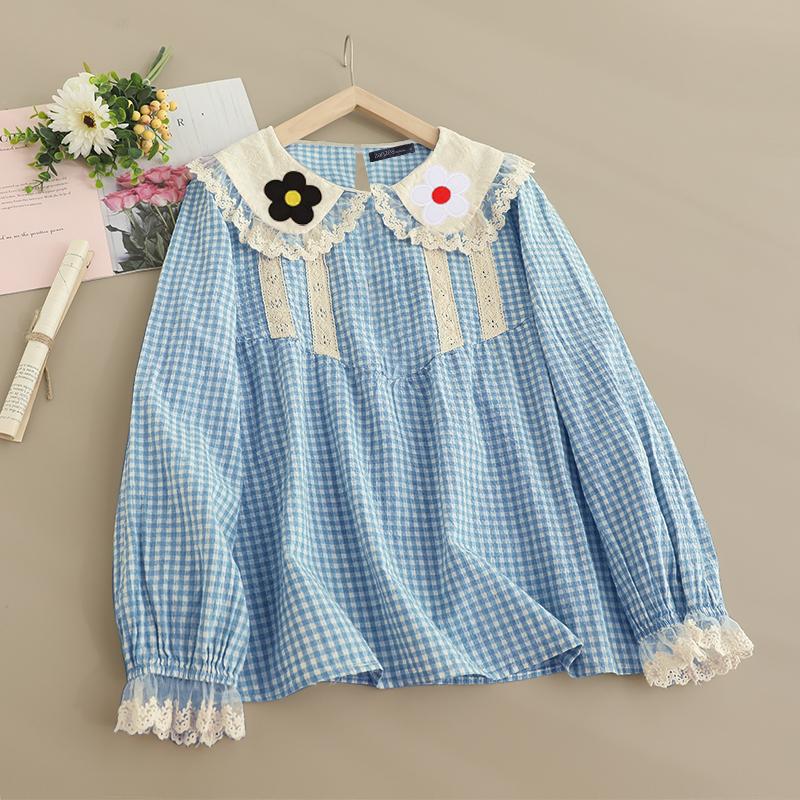 

ZANZEA Женская повседневная блузка с кукольным воротником и клетчатым принтом, с длинным рукавом S синий