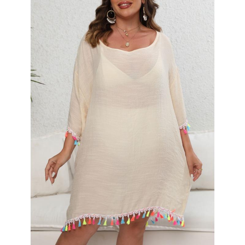 Damen-Cover-Ups-Kleid, Übergröße, Quaste, Spleißen, Ein-Ausschnitt, sexy, rückenfrei, Strand-Badebekleidung, Cover-Ups