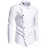 Camisa de vestir blanca para hombre con cuello mao asimétrico, botones asimétricos, manga larga, corte slim