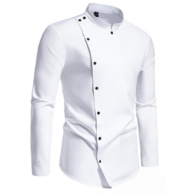 Camisa de vestir blanca para hombre con cuello mao asimétrico, botones asimétricos, manga larga, corte slim