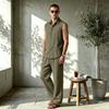 European Summer Men's Linen Sleeveless Lapel Shirt & Long Pants Set - Breathable Casual Two-Piece
