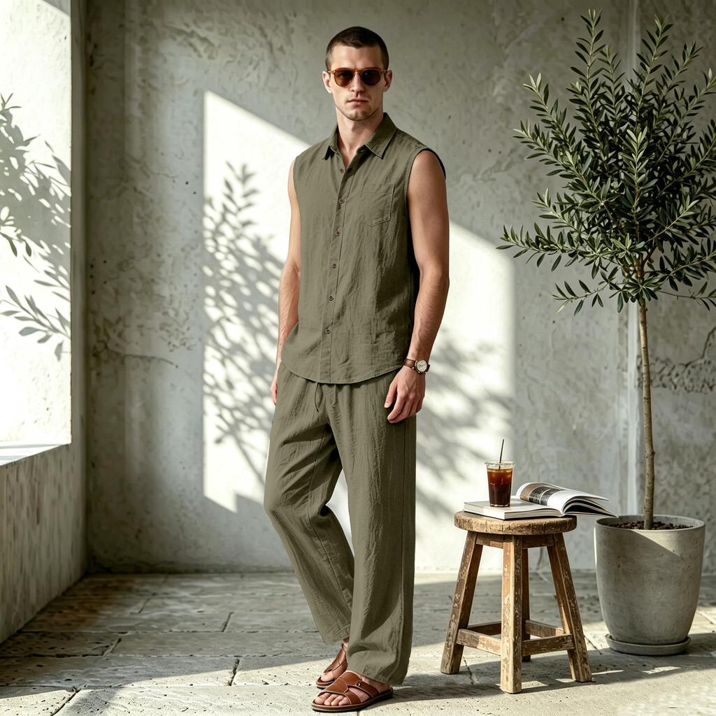 European Summer Men's Linen Sleeveless Lapel Shirt & Long Pants Set - Breathable Casual Two-Piece