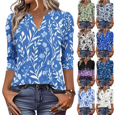 Moda Feminina Casual Retrô Floral Decote V Botão Decorativo Manga Três Quartos Camiseta Top