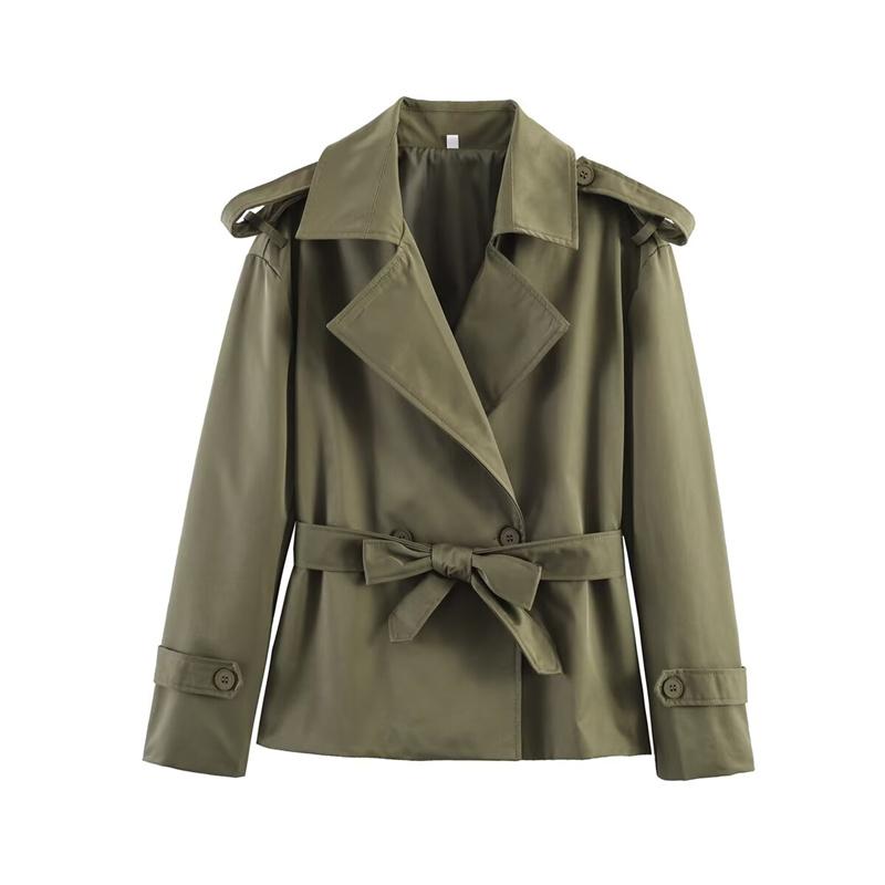 Women's Western-style Solid Color Belted Short Jacket Trench Coat Outerwear
