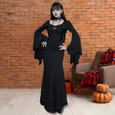 Halloween-Kleid für Damen, Fischschwanz-Saum, schmale Passform, unregelmäßige Rüschenmanschette, Fledermausärmel, Gothic, Rundhalsausschnitt, einfarbig, Cosplay-Performance-Maxikleid