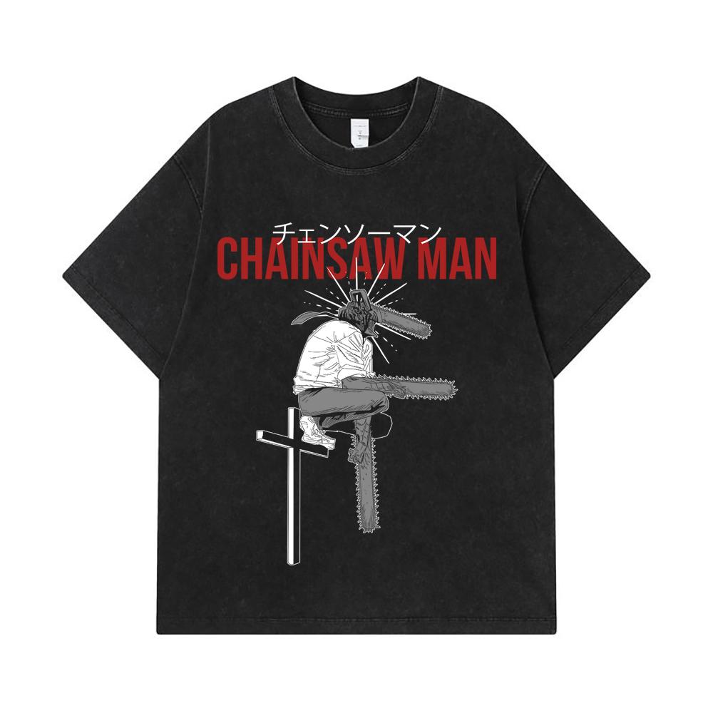 275 GSM Washed T-shirts 100% Cotton Chainsaw Man V41 Denji Print Unisex Heavy Cotton T Shirt