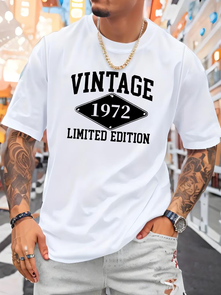 Men White Tee Vintage 1972 Limited Edition Retro Text Graphic Print Crew Neck Short Sleeve Summ