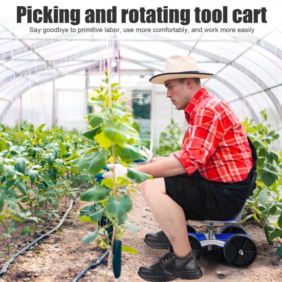 Gartenwerkzeugwagen mit Rollensitz, Nutzwerkzeugschemel mit flachen Rädern, Faltbarer Faulenzer-Sitzhocker, Pflück-Dreh-Aufbewahrungsregal, Höhenverstellbar