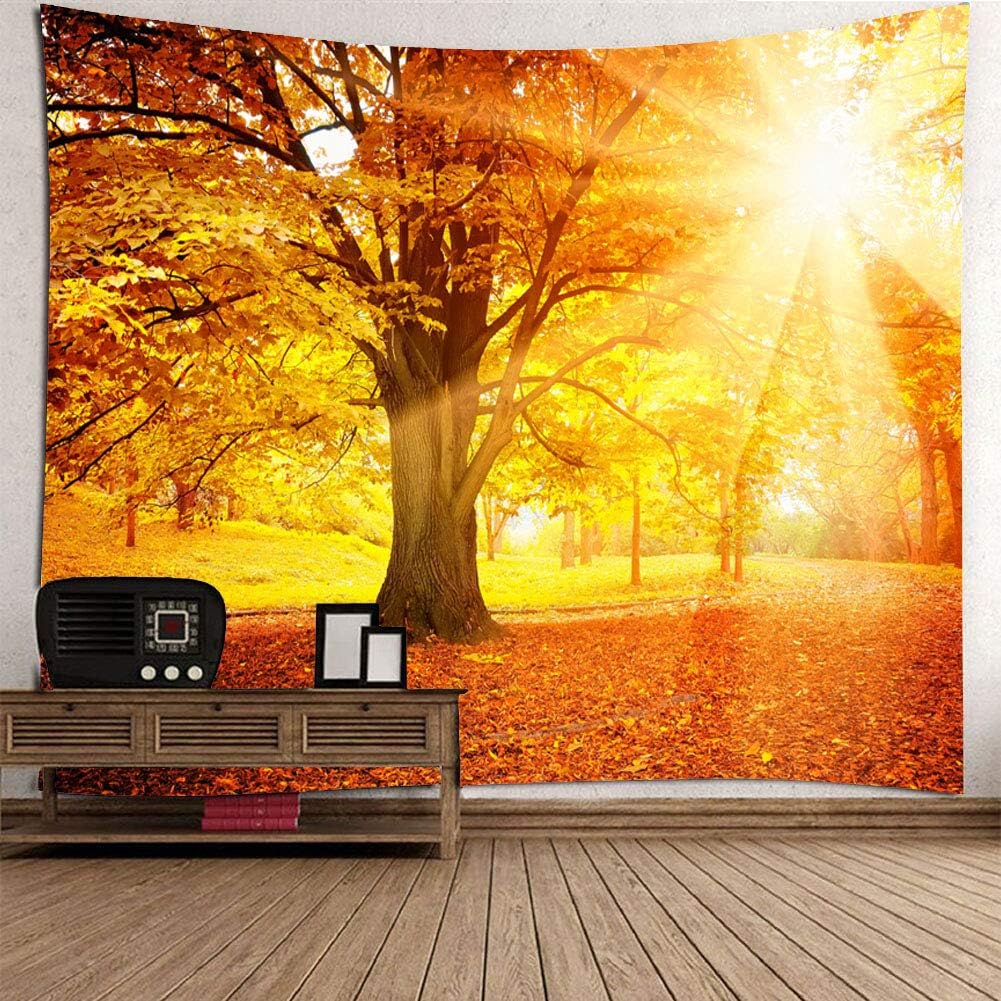 Landscape Tapestry Autumn Season Fall Trees with Morning Fog in Forest Relaxing Art Nature Photo Home Wall Hanging Decro for