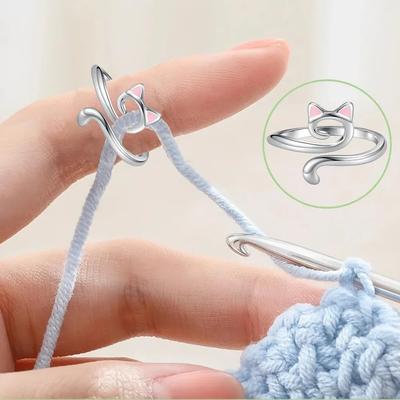 Adjustable Crochet Tension Cute Cat Ring Beginner Knitting Crochet Hook Ring Yarn Guide Finger Holders Thimbles Winder Tools