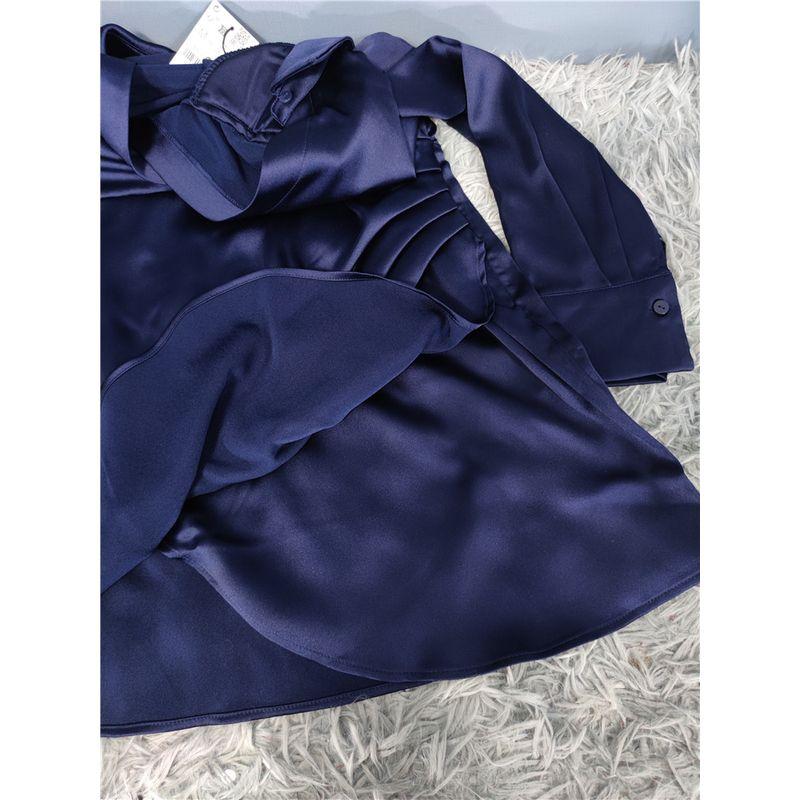 Foreign Trade Order Music Note Home High Sense Retro Temperament Fashion Long Sleeve Satin Waist Hugging Slimming Pleat Shirts Dress