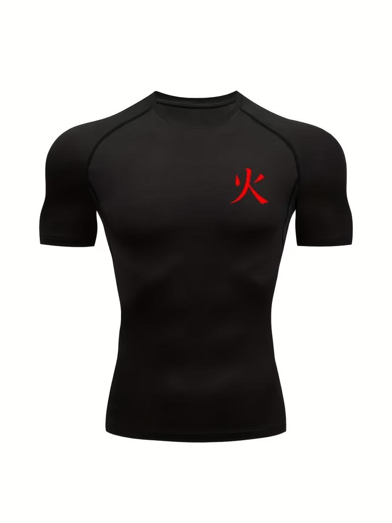 Men's Chest Minimalist Red Kanji Print Compression Shirt High Elasticity Moisture Wicking Sportswear