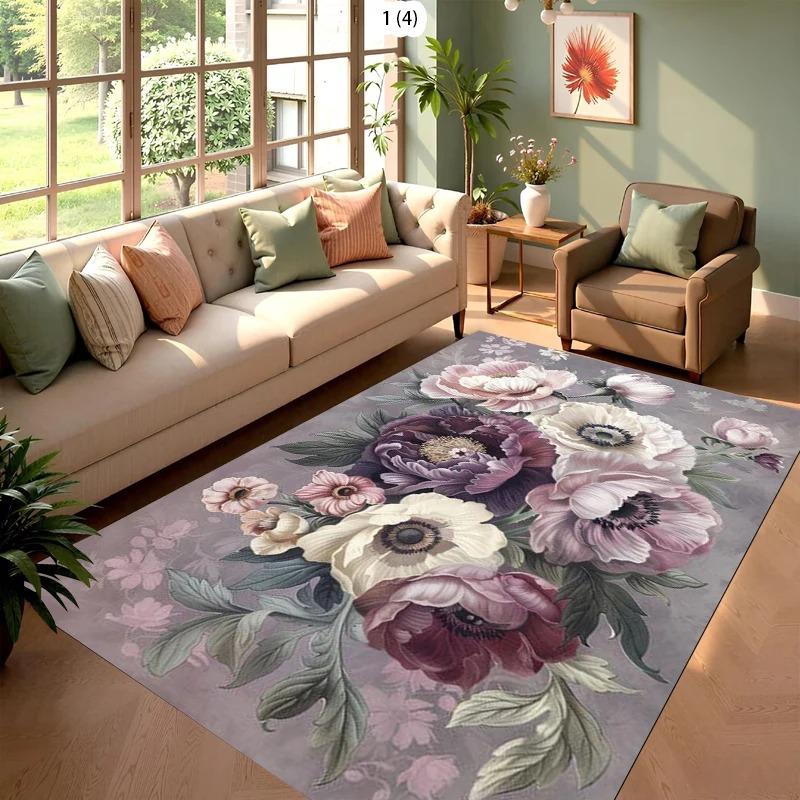 `Vintage Peony Floral Area Rug, Soft Pastel Multi‑Flower Leaf Print Large Floor Carpet, Rug for Living Room Bedroom