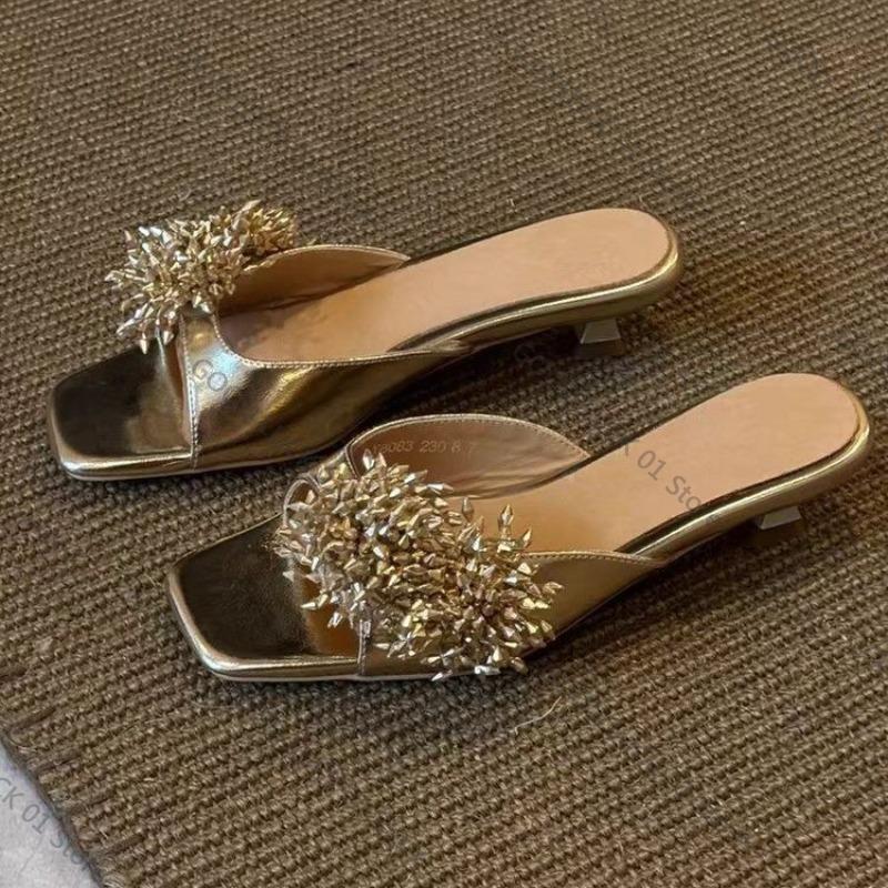Fashion 2025 Gold Rhinestone Flower Sandals and Slippers Women's Summer New Fashion Temperament Square Toe Open Toe Stiletto Slippers