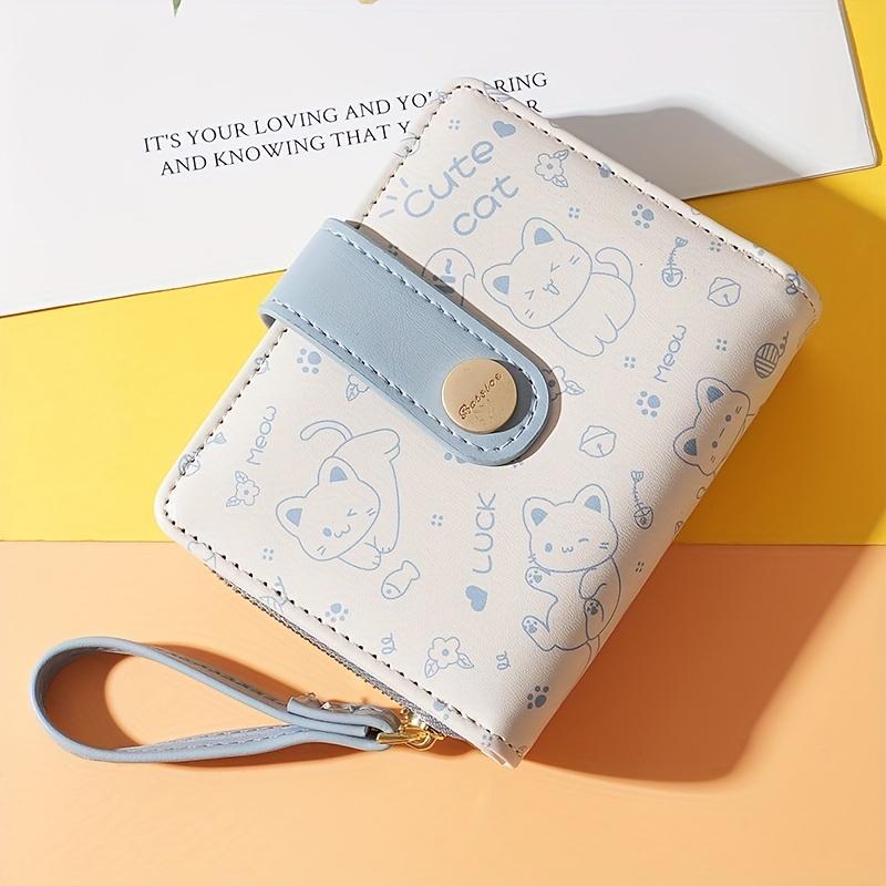 Casual Bi-Fold Kawaii Cat Wallet - Chic Credit Card & Coin Clutch With Secure Buckle Polyester Lining And Convenient Lanyard
