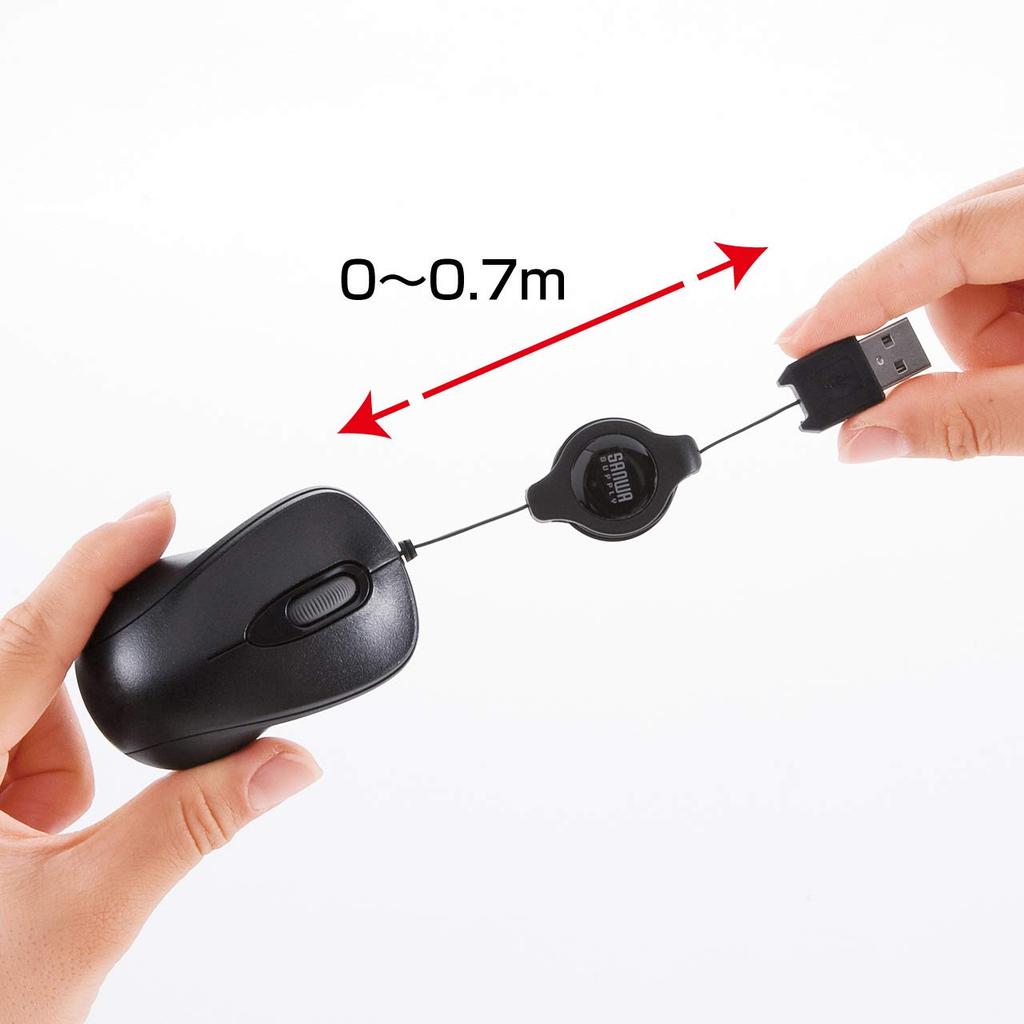 Sanwa Supply Cable Retractable Optical 3 Mouse, Ultra-Compact, Buttons, Black, MA-MA6BK
