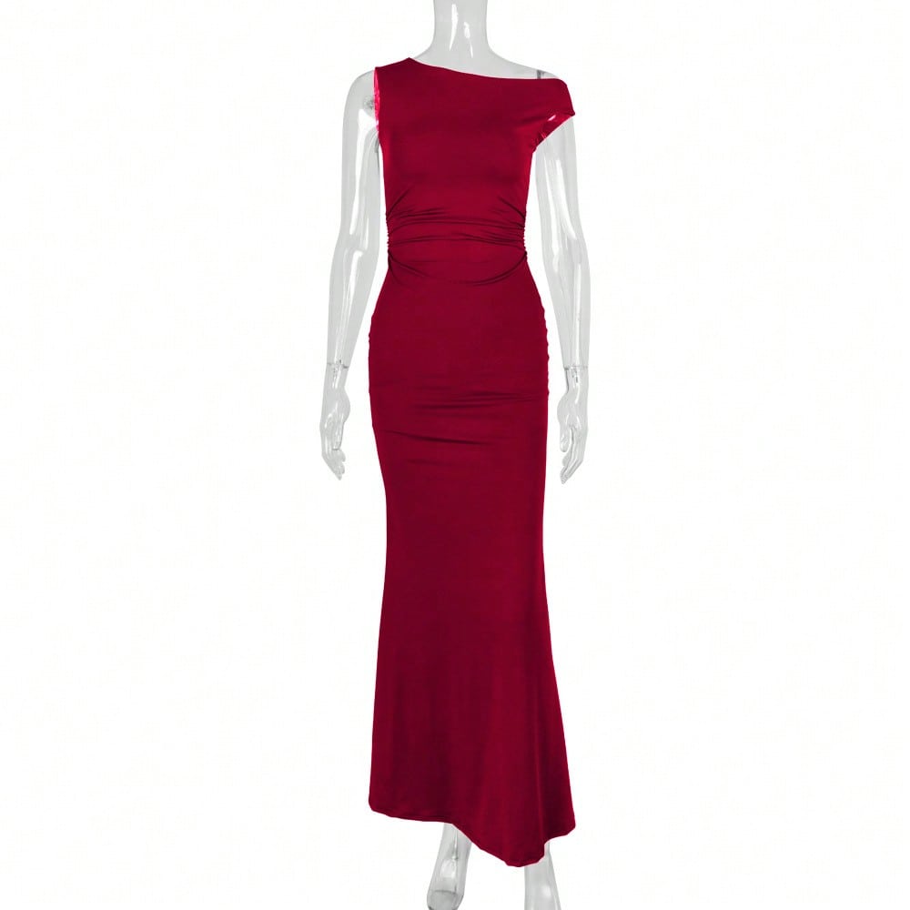 2026 European and American Cross-border Women's Mermaid Dress Bestseller: Sexy Sleeveless Dress with Asymmetrical Shoulder Neck and Waist Pleats