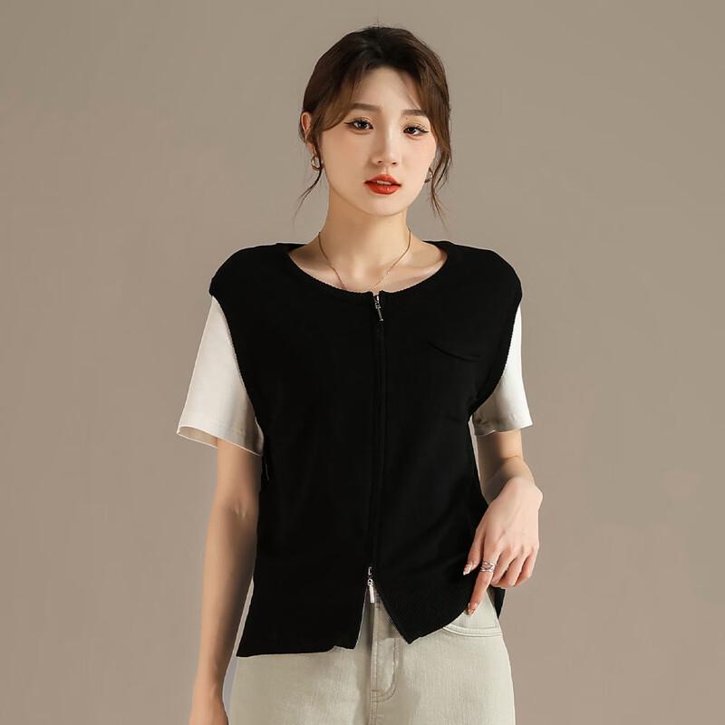 

RAIN.CUN Women s Zipper Detail Knitted Short Sleeve Top XL