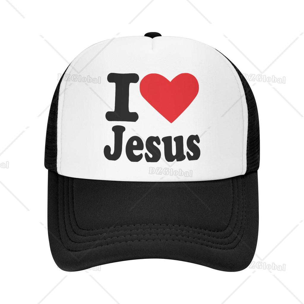 I Love Jesus Print Trucker Hat Mesh Baseball Cap Women Sun Hats Cowboy Cap Men Summer Dad Hat Black