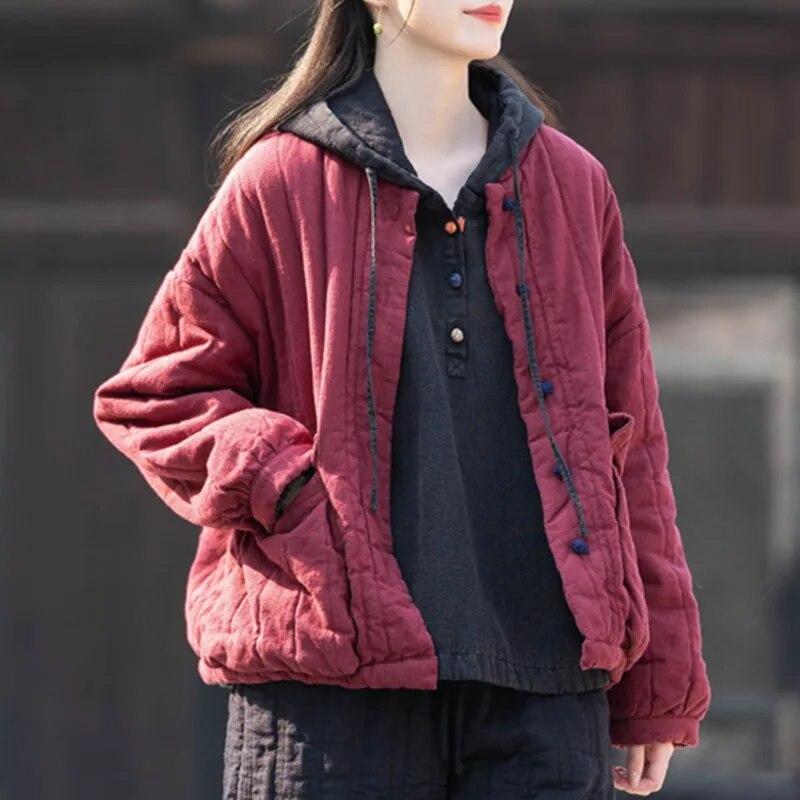 Johnature Mulheres vintage linho parkas suporte manga longa botão mais algodão casaco quente inverno cor sólida estilo chinês parkas