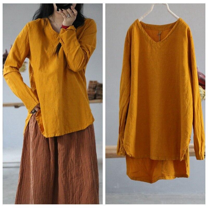 Johnature Women T-Shirts Loose Linen Solid Color Vintage Flax Spring Solid Color V-Neck Long Sleeve Loose T-Shirts