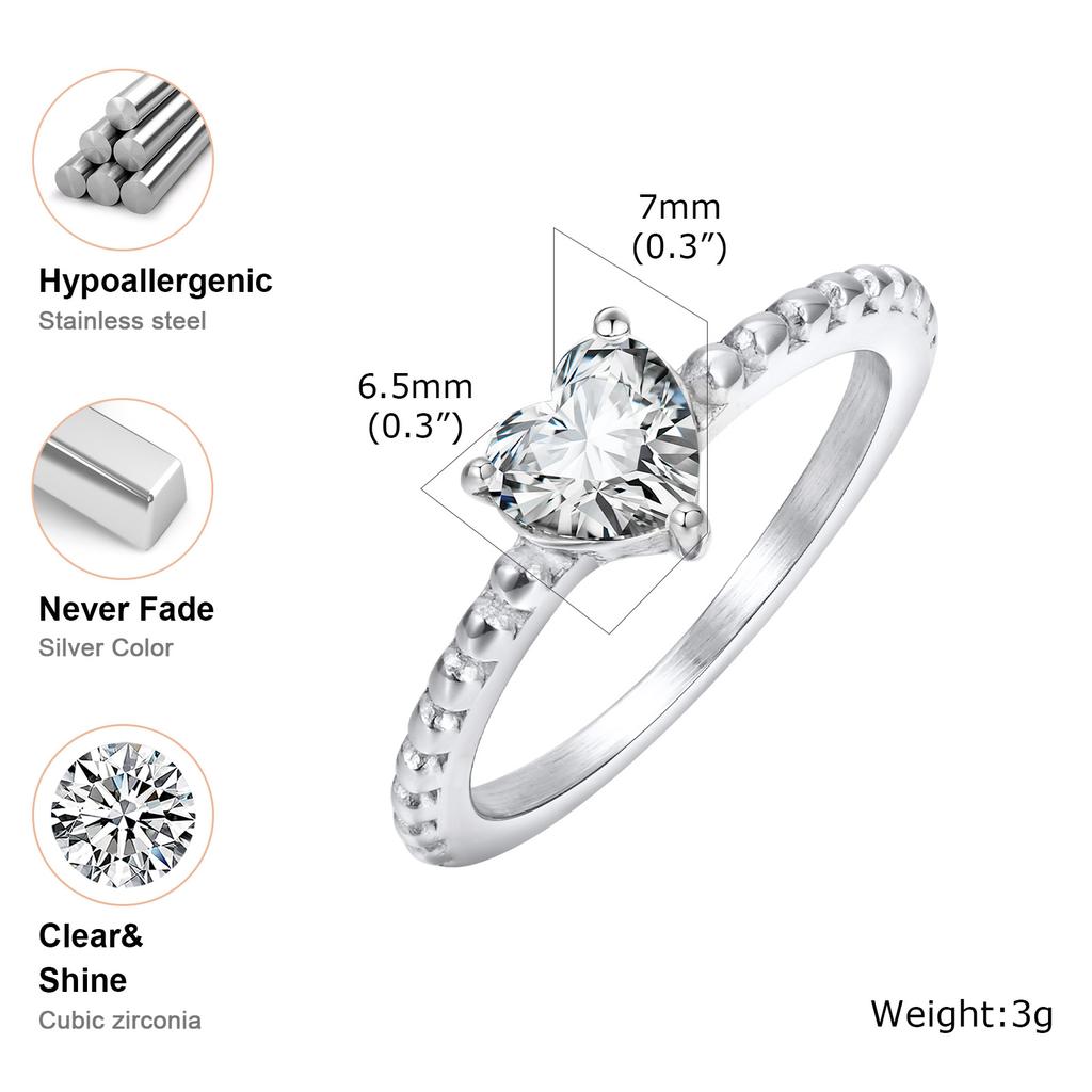 Vnox Women's Heart Love Ring, Sparking Cubic Zirconia Heart Solitaire Wedding Rings, Promise Engagement Ring Gift Anniversary