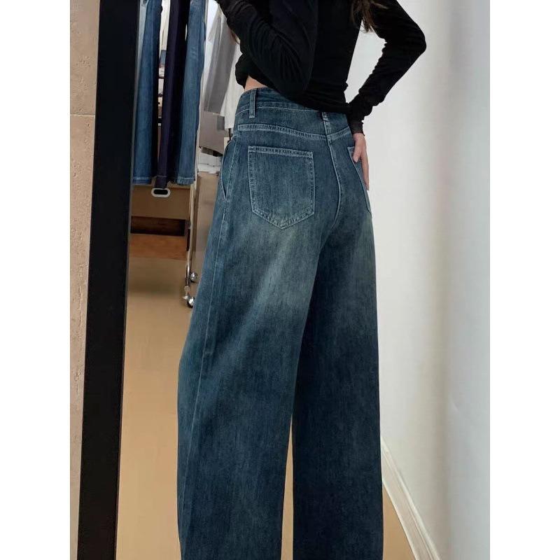 Retro Straight Jeans Women's Autumn and Winter Velvet High-waisted Loose and Thin Wide-leg Pants