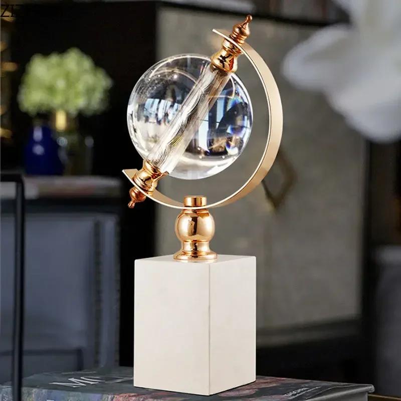 Gold-plated Globe Shape Crystal Ball Statue Marble Base Crafts Sculpture Desk Decoration Ornaments Room Aesthetics Decor Artwork