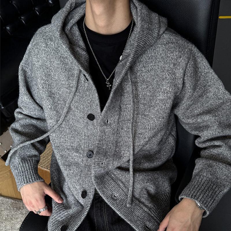 Winter Herren Lässiger Kapuzen-Strickcardigan Koreanischer Lockerer Knopfleisten-Pullover Y2K Vintage Streetwear Strickwaren-Mantel