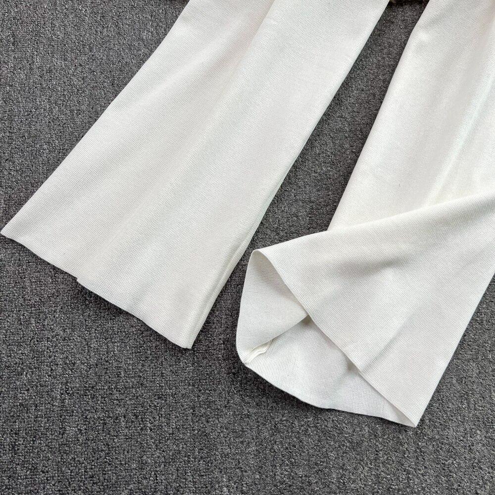 Modny garnitur damski na co dzień ze stójką i zamkiem błyskawicznym w paski, dzianinowy top dwuczęściowy zestaw z wysokim stanem, prostymi rurkami, długimi spodniami z szerokimi nogawkami