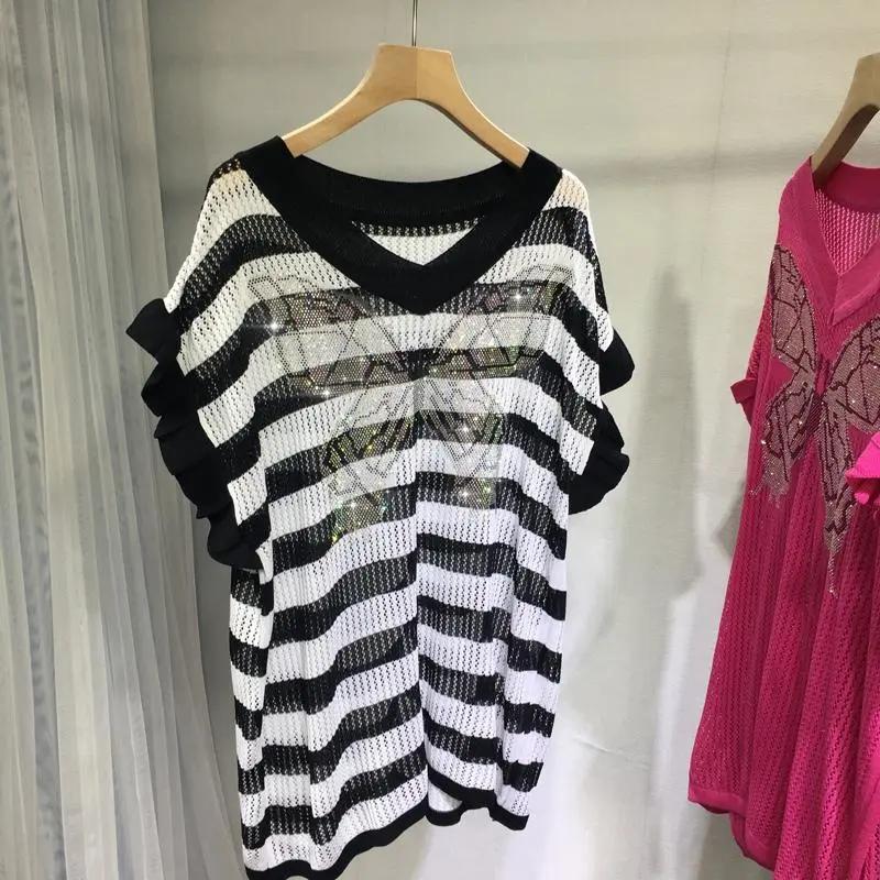 

Женский летний свободный тонкий трикотажный свитер с V-образным вырезом, полосатый, с короткими рукавами, пуловер из ледяного шелка 3XL белый