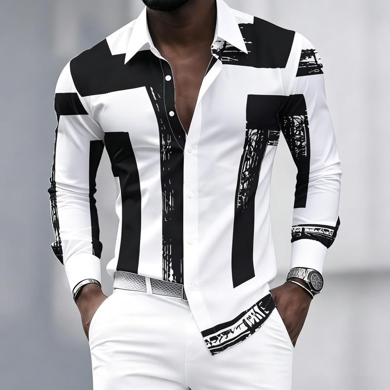 Men's Black and White Geometric Coarse Stripe Printed Long Sleeved Lapel Shirt, Retro Slim Fit Shirt, Trendy Casual Men's Top