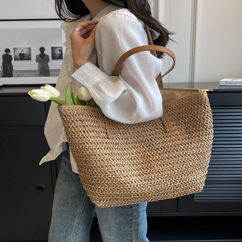 1Pcs Bohemian Summer Fashion Straw Beach Tote Bag Hand-Woven Women'S Shoulder Handbag Travel Shopper Weaving Shopping Bags
