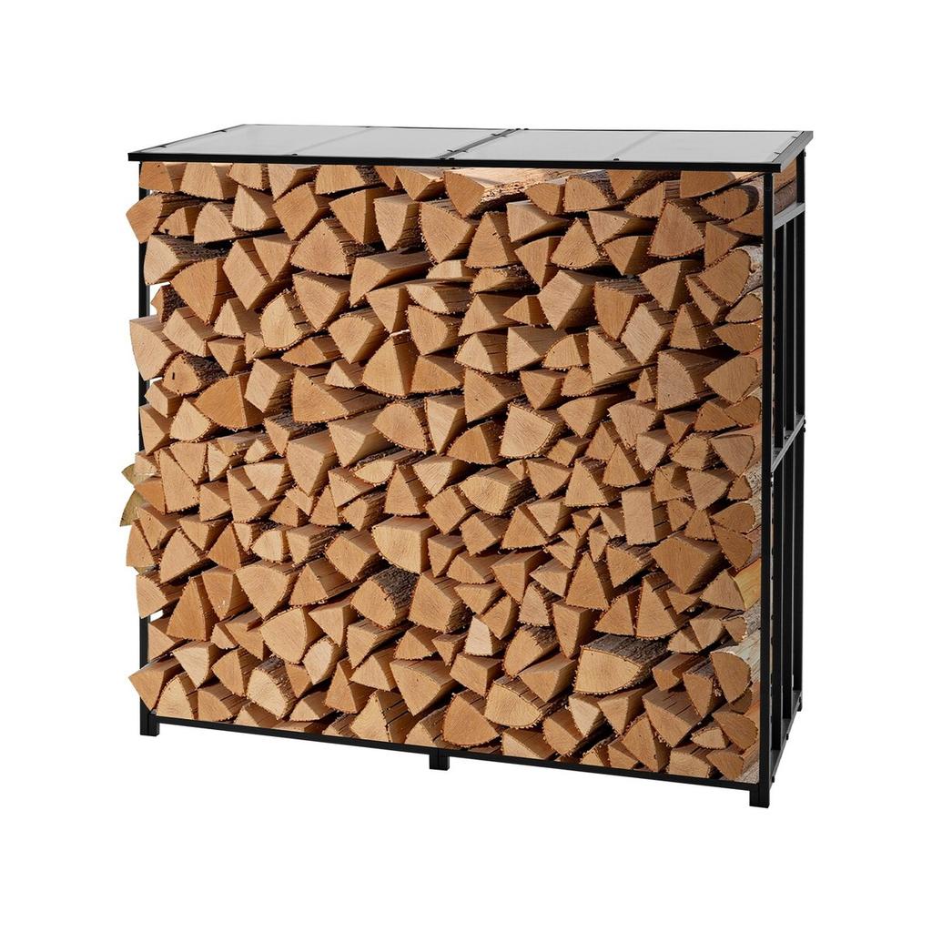 Firewood Rack with Sloped Roof, 1.85m Outdoor Firewood Holder, 1/4 Cord Log Storage Shed, 299kg Max Weight Capacity, Powder-Coated Metal Wood Storage