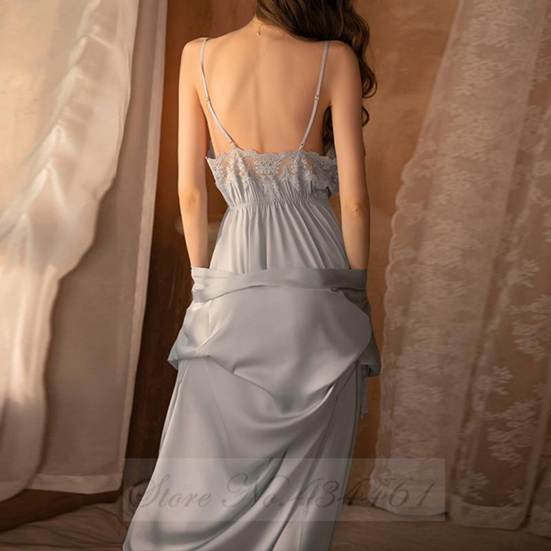 Black Lace Trim 2PCS Robe Nightgown Set Spring Summer Women Sleepwear Nightdress Sexy Bathrobe Underwear Loose Satin Home Wear