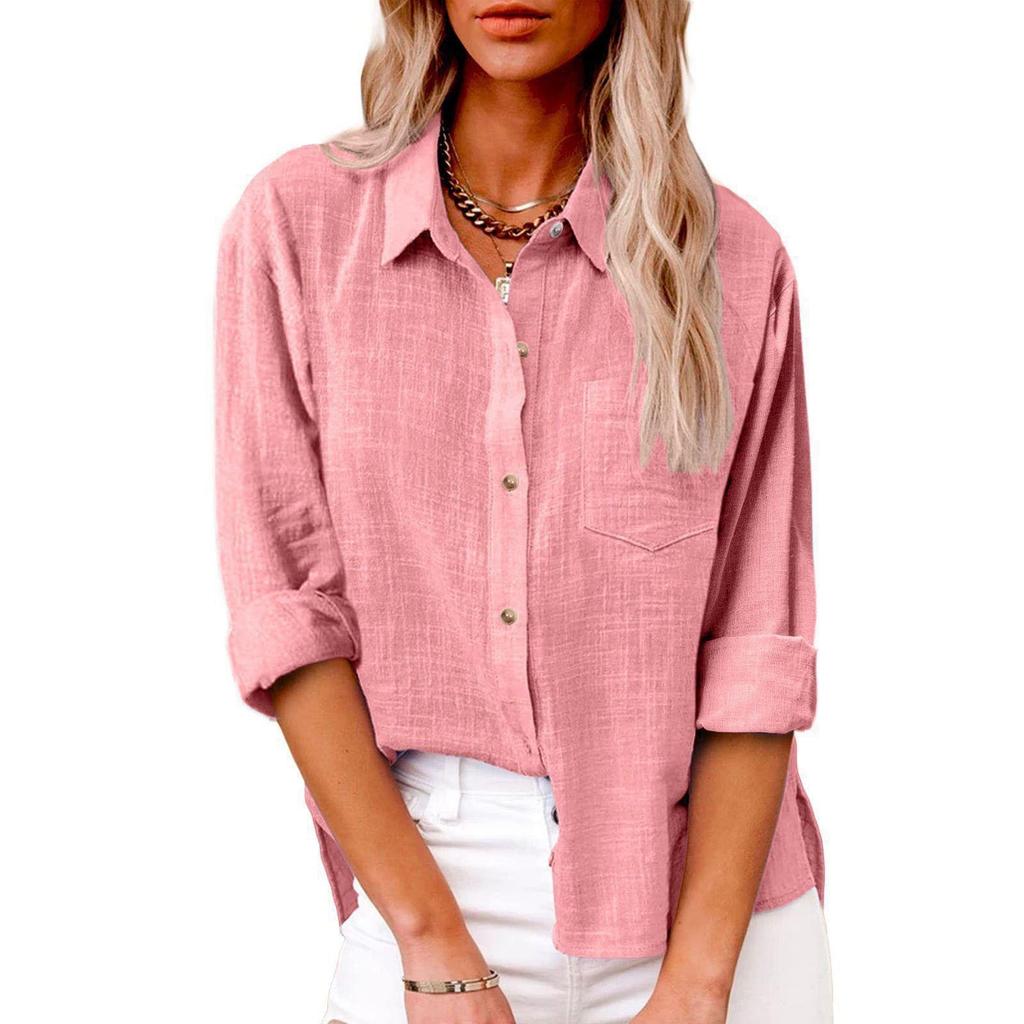 Women's Large Size Spring Autumn Long Sleeve Button Solid Color Loose Shirt Casual Shirt