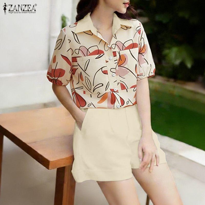 ZANZEA Women Short Sleeve Floral Blouse and Shorts Summer Two Piece Suit Sets