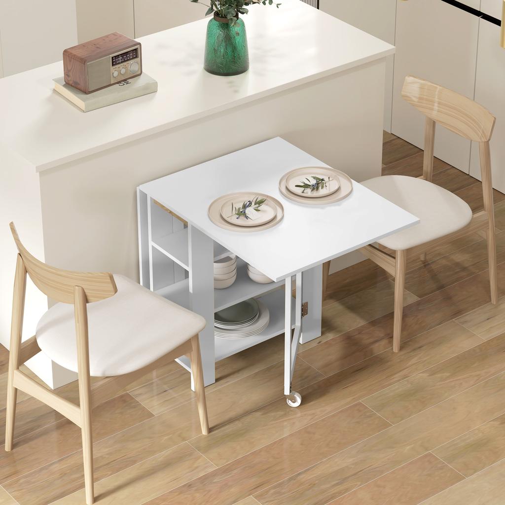 Kitchen table folding removable dining table 3 shelves 2 drop leaves modern design 120 x 60 x 75 cm white