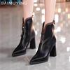 Läder Spetsig Tå Dam Snö Ankelstövlar Höga Klackar Sexiga Skor Chunky Designerstövlar Trend Pumps Vinter Botas De Mujer