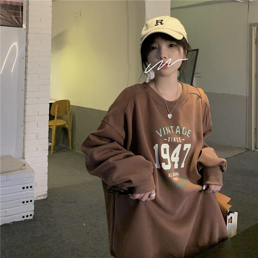 Spring/Autumn Women's Hoodie, Korean Style Loose Long Sleeve Fleece Crew Neck Sweatshirt for Women