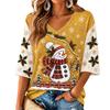 Women's V-Neck Drop Shoulder Christmas Print Top, Lightweight Spring Summer Shirt