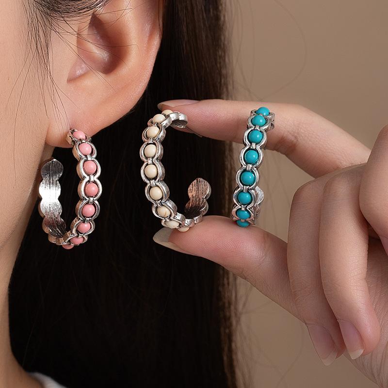 Literary Retro Turquoise Large Circle C-Shaped Earrings Women'S Bohemian Earrings High-End Niche Design Earrings