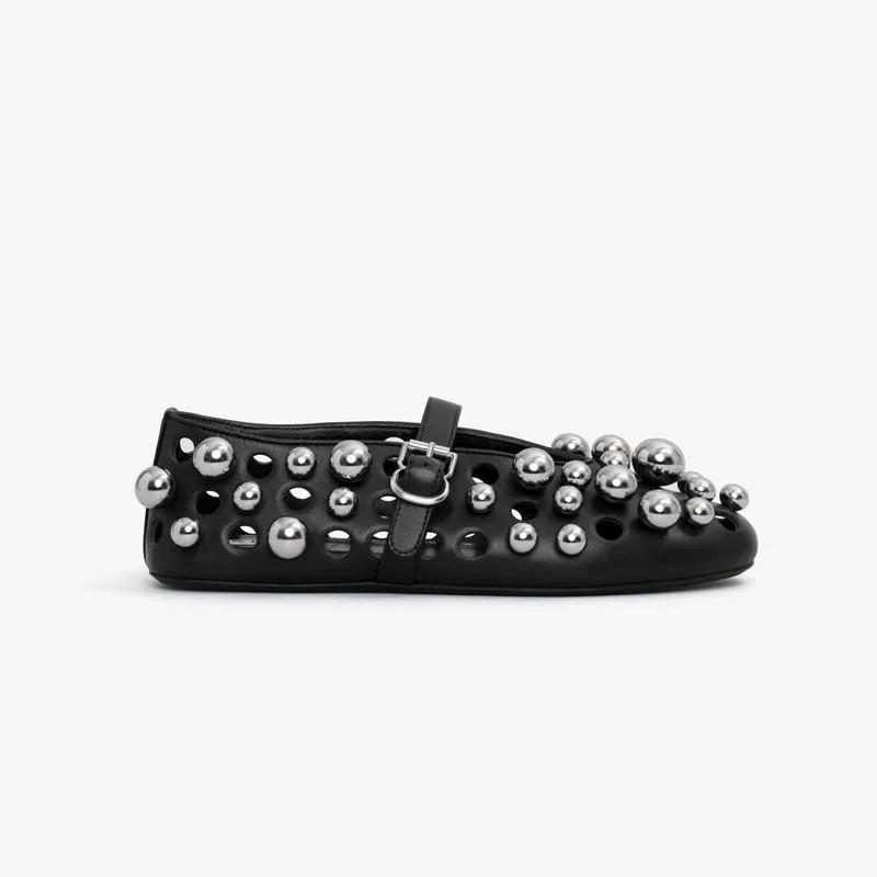 Fashion Luxury Black Pearl Round Head Buckle Ballet Sandals Summer Autumn Metal Hollow Commuting Casual Mary Jane Single Shoe Size 45