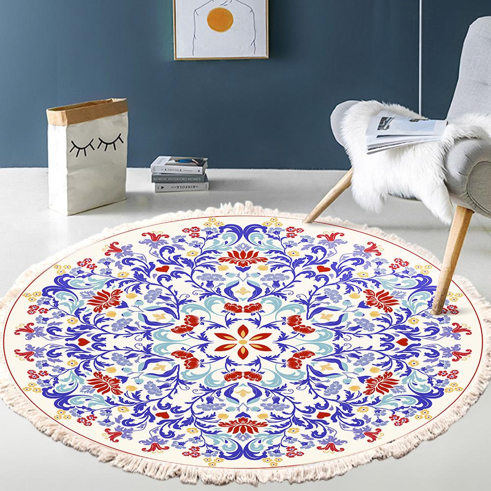 Nordic Cotton and Linen Home Leisure Non-slip Fringed Printed Round Carpet Living Room Floor Mat Bedroom Bedside Blanket