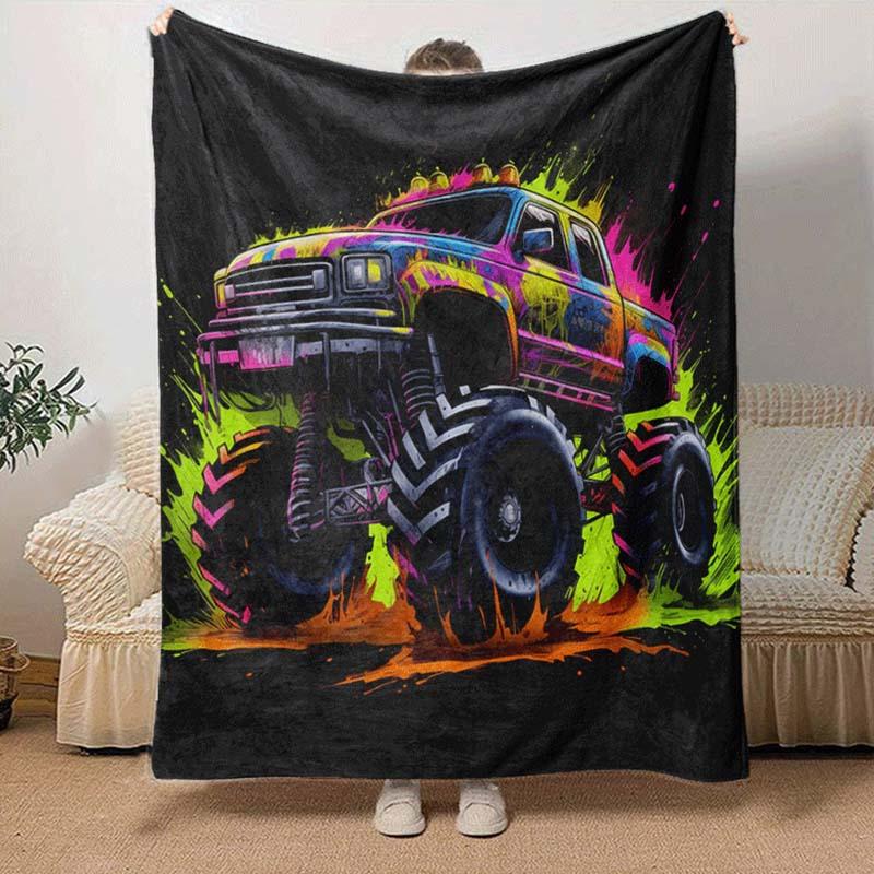 1pc Colorful Truck Printing Lightweight Flannel Blanket, Comfortable and Warm Blanket, for Camping Sofa Bed and Couch Office, Suitable for Gi