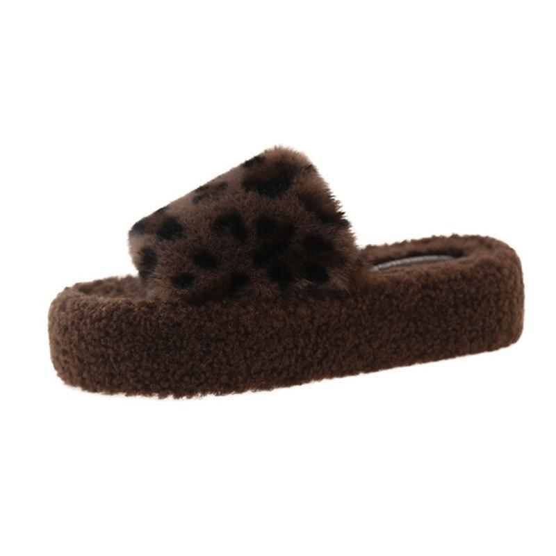 High Sense Leopard Print Fluffy Slippers Women 2025 Autumn and Winter New Small High Heels Fleece Explosion Internet Celebrity Cotton Drag Women