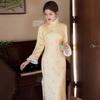 Womens Long Sleeve Chinese Style Dress Winter Warm Lined Yellow Brocade Qipao Vintage Daily Wear